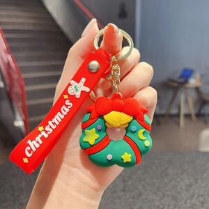 Christmas Wreath Keychain with Red Strap